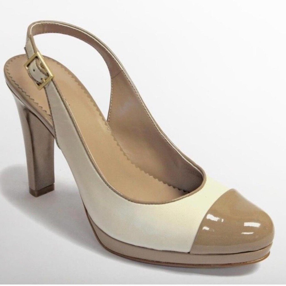 Tahari London Leather Slingback Platform Heels Ivory Beige‎ Cap Toe Old money